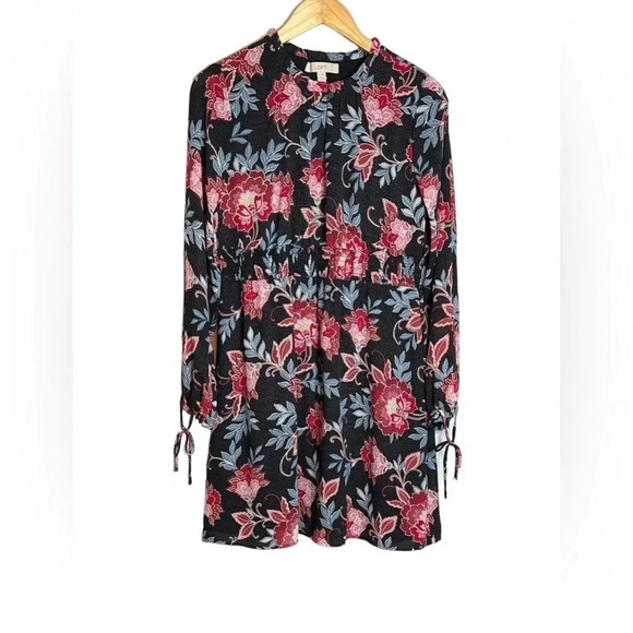 LOFT Floral Blouson Dress Size 10 Keyhole Neck Lined Elastic Waist Tie Sleeve - Picture 3 of 9